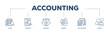 Accounting icons process structure web banner illustration of audit, analysis, balance, budget, calculation, and advice icon live stroke and easy to edit 