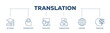 Translation icons process structure web banner illustration of dictionary, interpretation, translator, communication, language, and knowledge icon live stroke and easy to edit 