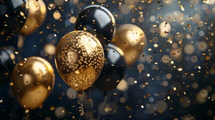 Wall Mural - The backdrop was decorated with gold and black balloons and confetti. Suitable for graduation ceremonies, birthdays, New Year's celebrations. Product launches, sales events and various festivals