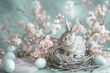 Bunny with Festive Easter Decorations and Pastel Colors