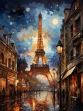 Fototapeta Paryż - A bright picture with the sights of Paris. splashes of color. An emotional picture. Evening city. Sunset. Streets.