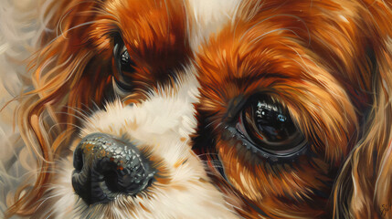 Wall Mural - a heartwarming hyperrealistic image capturing the joyful playfulness of a Cavalier King Charles Spaniel puppy.