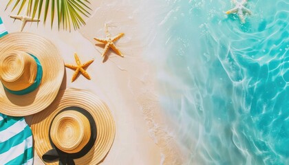 Two Hats and Two Starfish on a Beach