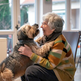 Fototapeta Zwierzęta - Dog therapy, integration in a social care home for the elderly with a dog, development support, joy and mood improvement
