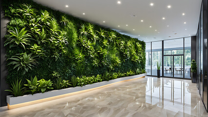 the indoor plant walls are the focal point of the lobby
