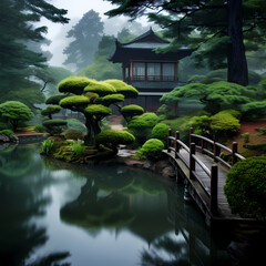 Poster - Misty morning in a tranquil Japanese garden.