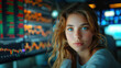 © aekkorn - a young beautiful woman looking at the monitor with stock market data. Trading and financial concept.