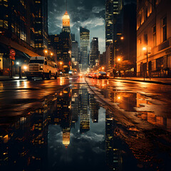 Canvas Print - Reflection of city lights in a rain-soaked street.