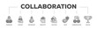 © kirale - Collaboration icons process structure web banner illustration of teamwork, support, partnership, creativity, solution, trust, communication, success icon live stroke and easy to edit