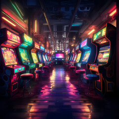 Wall Mural - Retro arcade with glowing neon lights.