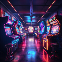 Poster - Retro arcade with glowing neon lights.