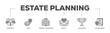 Estate planning icons process structure web banner illustration of living well, trust, property disposition, charity, succession, life insurance icon live stroke and easy to edit 
