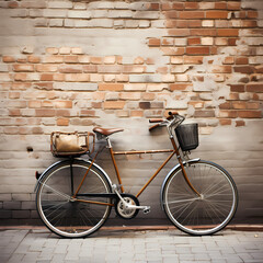 Canvas Print - Vintage bicycle leaning against a brick wall.