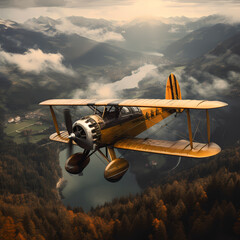 Canvas Print - Vintage biplane flying over a scenic landscape.