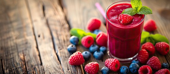 Poster - A glass of raspberry smoothie sits on a wooden table, surrounded by vibrant raspberries and blueberries. The focus is on the delicious and nutritious blend of fruits in the smoothie.