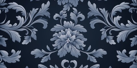  A Navy Blue wallpaper with ornate design, in the style of victorian, repeating pattern vector illustration