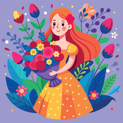 Poster - Women's day A girl in a dress holds a huge bouquet in her hands