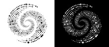 Modern Abstract Background. Halftone Dots In Circle Form. Round Logo. Vector Dotted Frame. Design Element Or Icon. Black Shape On A White Background And The Same White Shape On The Black Side.