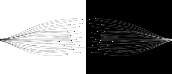 Poster - Abstract lines with dots over background. Connecting or big data concept. Design element or icon. Black shape on a white background and the same white shape on the black side.