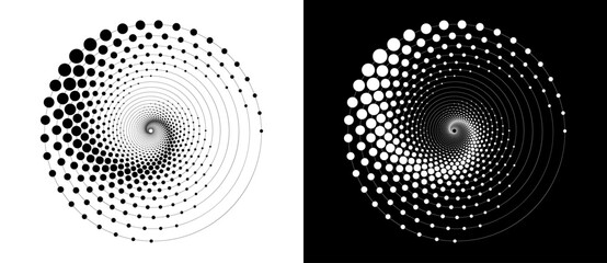 Modern abstract background. Halftone dots in circle form. Round logo. Vector dotted frame. Design element or icon. Black shape on a white background and the same white shape on the black side.