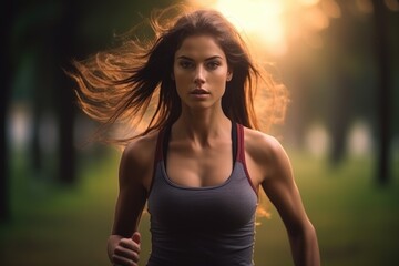 A woman running in a park at sunset, suitable for lifestyle and fitness concepts