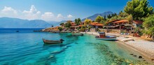 Panoramic View Of Traditional Fishing Boats On The Shore Of Kefalonia Island, Greece