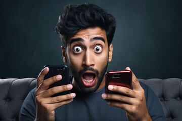 A man with a surprised expression holding two cell phones. Ideal for technology and communication concepts