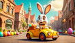A cute and cheerful Easter bunny is carrying Easter eggs and sweets in a car