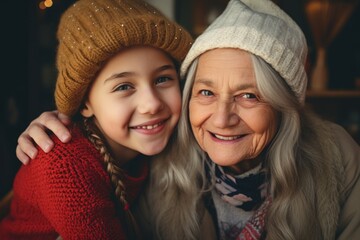 Happy older woman and young girl posing for a photo. Suitable for family and generations concepts