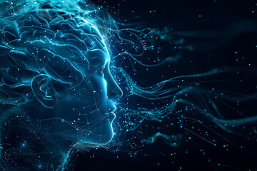 Wall Mural - neural network of big data and artificial intelligence circuit board in the blue head of a human fem