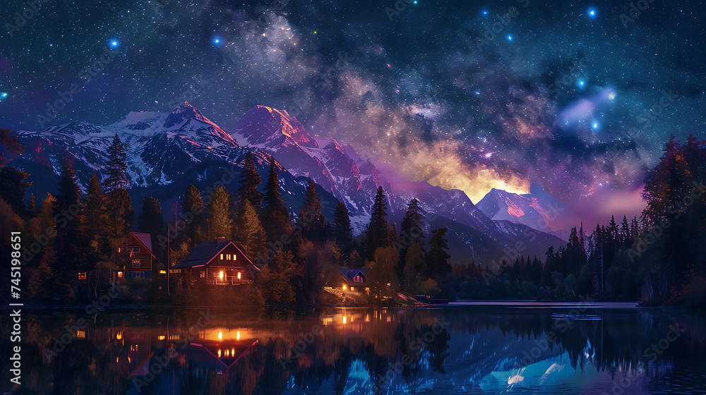 A view of the milky way above pine trees, snow capped mountains and a ...