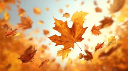 Poster - A bunch of leaves flying in the air. Suitable for nature and autumn concepts