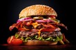 Delicious hamburger with bacon, lettuce, tomato, and cheese. Perfect for food blogs or restaurant menus