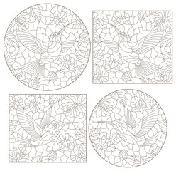 Wall Mural - Set of contour illustrations of stained glass Windows with Hummingbird birds and flowers, dark outlines on a white background