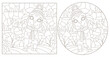 A set of contour illustrations of stained glass windows with a cartoon dogs, dark contours on a white background