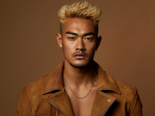 A multiracial man with blonde hair is wearing a brown jacket