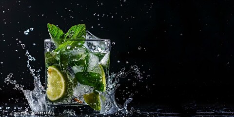 Canvas Print - Refreshing mojito cocktail with a splash in a glass on a dark background. perfect for summers and parties. fresh drink photography style. AI