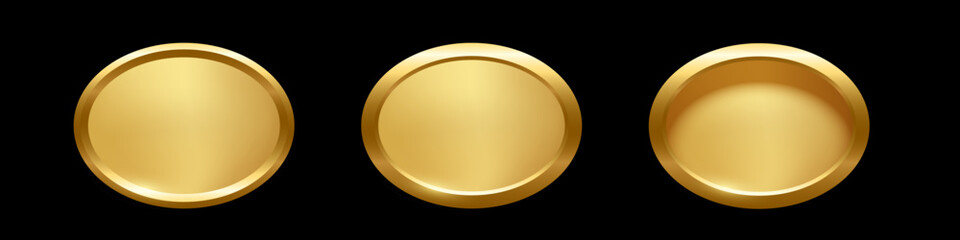 Wall Mural - gold ellipse button with frame vector illustration set. 3d golden glossy elegant oval design for emp