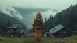 An astronaut in an orange USSR spacesuit stands in the center of the frame amid a Japanese landscape. Looks at the camera. Evening, fog. Soft light. Pastel shades. Photorealism, AI Generative