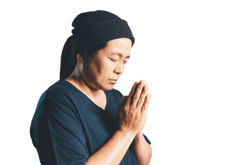Sticker - Woman side who believes in god, person hands praying on isolated white background. Asian woman stands in meditative pose, holds hands in praying gesture, has sense of inner peace, Religion concept.