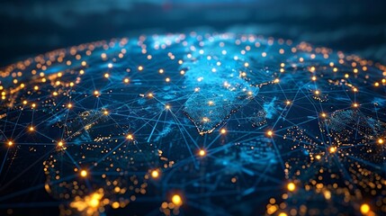 Blue tech background, global data connectivity, wide futuristic, cyber security, digital network, evening, vibrant connections, AI Generative