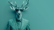 Deer with flair, suited in hipster style, sunglasses on, boss of Christmas, pastel teal green elegance, holiday creativity unleashed, AI Generative