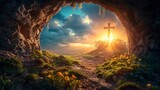 Fototapeta  - Dawn of Easter, Jesus risen, empty tomb with crucifixion background, celebrating Christian faith and renewal, AI Generative