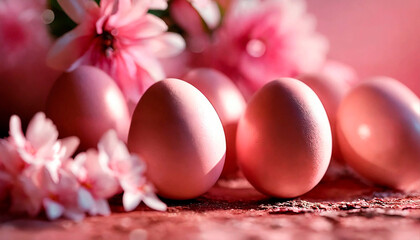 Wall Mural - Closeup on light pink Easter eggs and pink flowers. Background for Easter.