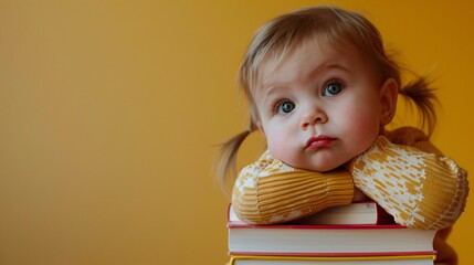 Child with a stack of books little reader solid color background copyspace for the love of reading