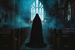 spooky figure with a cloak in a church
