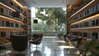a modern library setting with modern bookshelves, , and bright lighting.