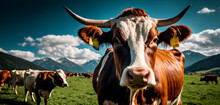 a brown and white cow with horns standing in a green field with mountains in the background and clouds in the sky.