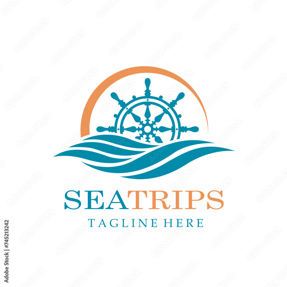 ship helm wheel icon with sea waves isolated on white background Stock ...