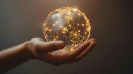 Wall Mural - Hand Holding a Glowing Globe Network Concept. A hand presenting a digitally enhanced, glowing representation of the Earth with network connections symbolizing global communication.
